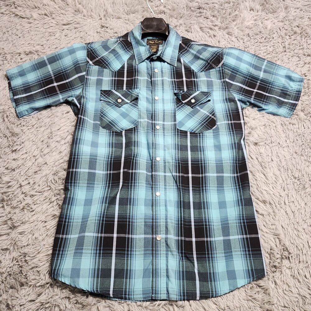 Vintage High Noon Cowboy Western Style Pearl Snap Shirt Mens Medium Regular Teal